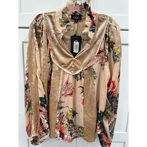 G.Gio‎ Velvet Floral Mixed Print Top Blouse Ruffle Collar Womens Medium